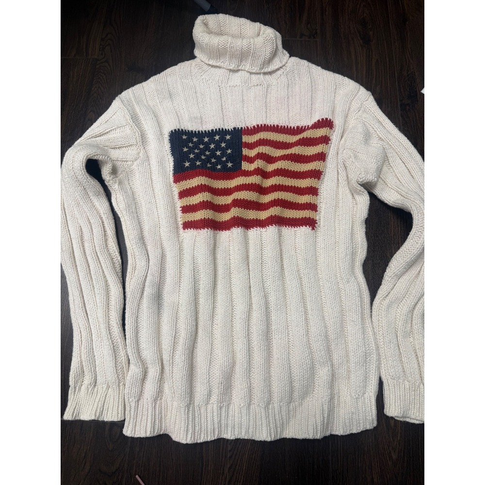 Ralph Lauren American Flag Chunky Knit Turtleneck Sweater Cream Size Medium
